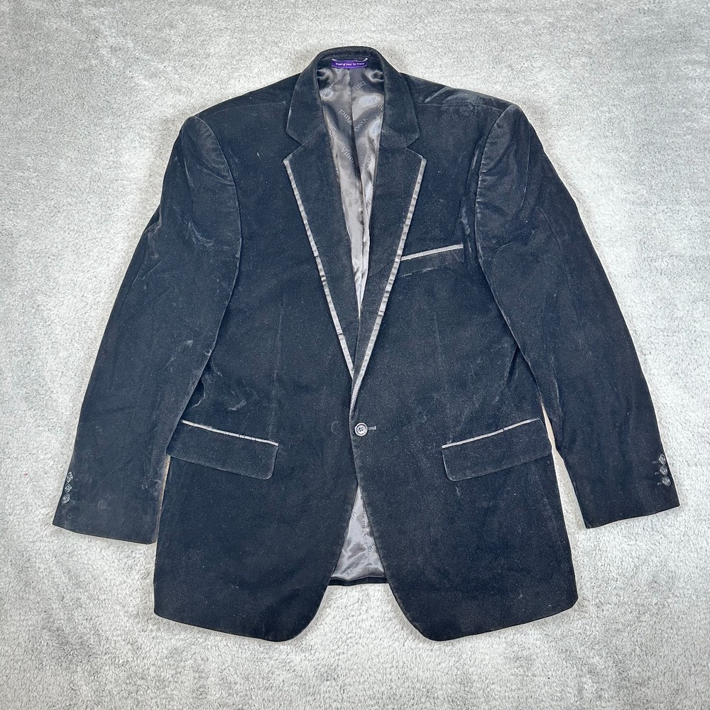 Vinci Men's Black Velvet 1 Button Sports Jacket Blazer With Satin‎ Trim Size L